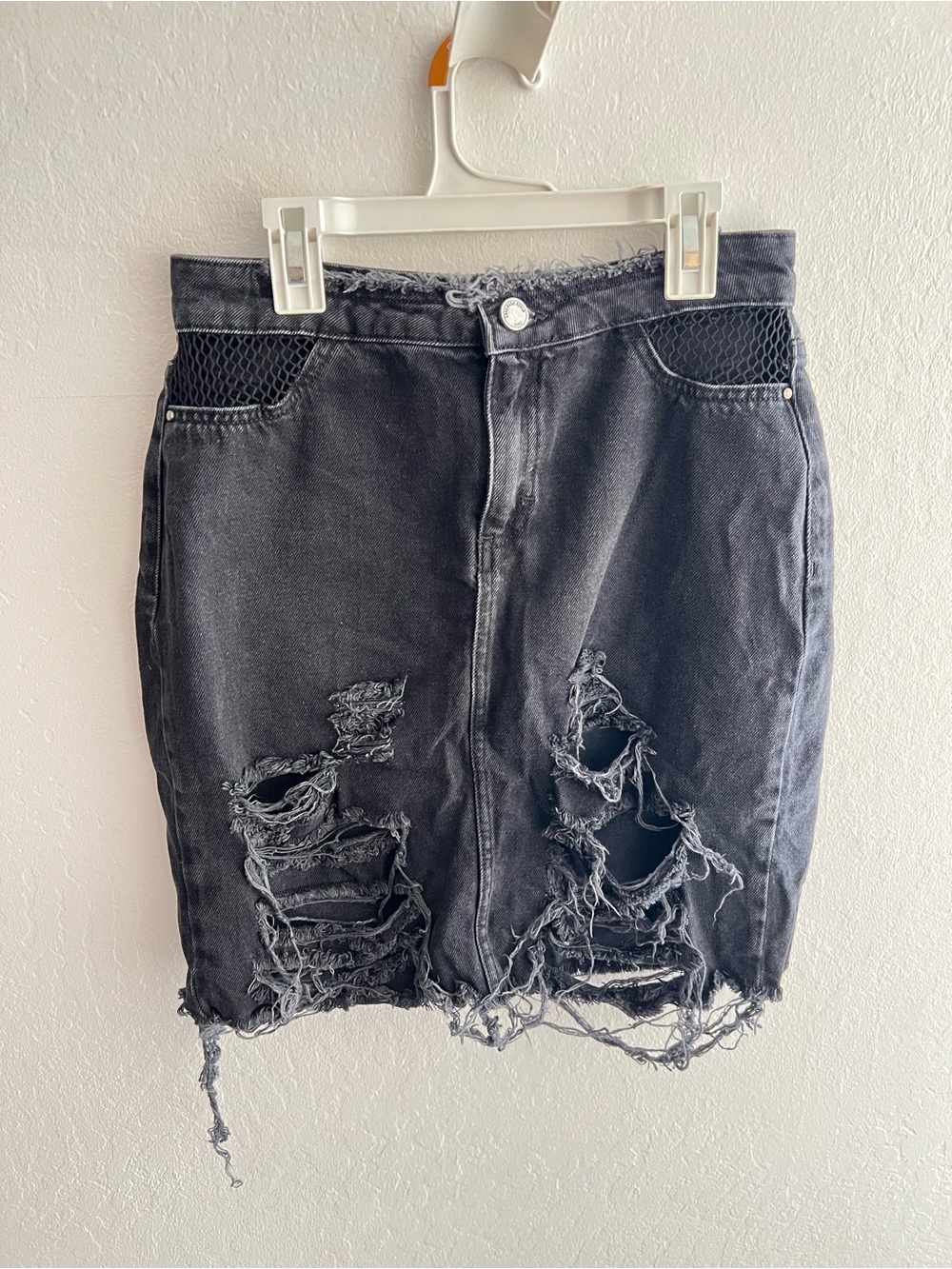 Zara Black Distressed Denim Midi Skirt